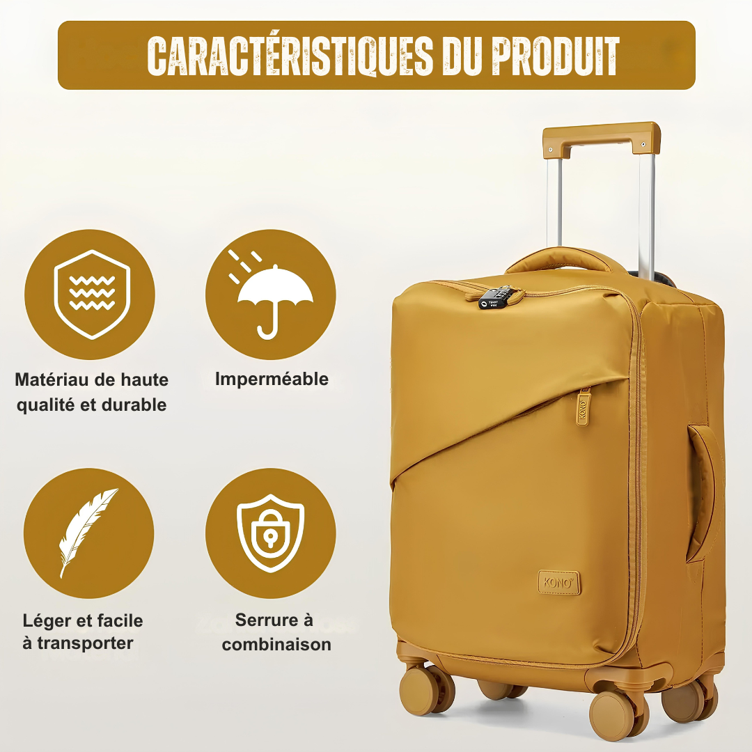 Valise souple jaune avec quatre icônes décrivant ses caractéristiques : matériau durable, imperméabilité, légèreté, et serrure à combinaison.
