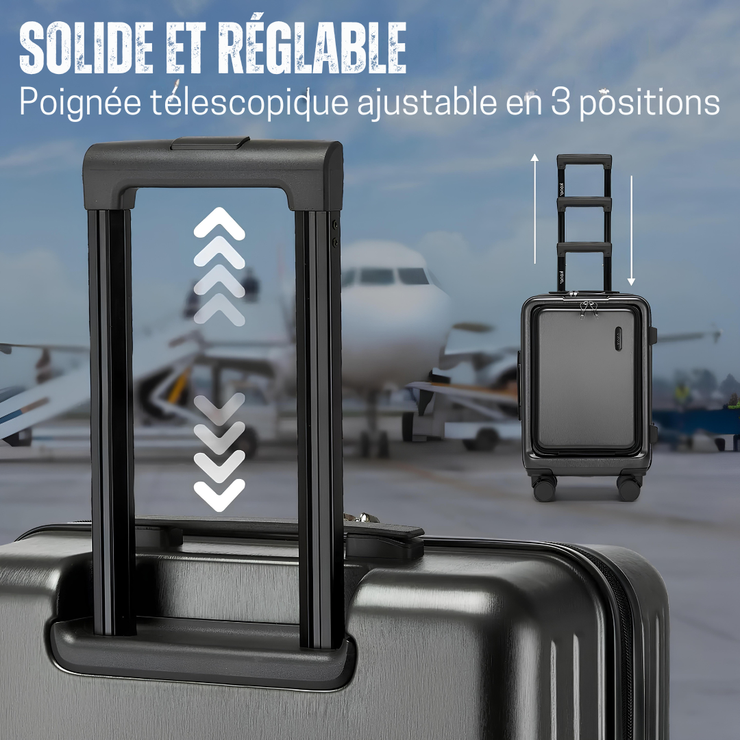 Gros plan sur la poignée télescopique noire d'une valise avec flèches indiquant ses trois niveaux de réglage.