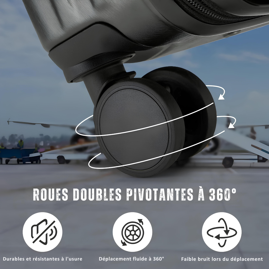 Gros plan sur une roue double noire d’une valise avec effet de rotation illustré par des flèches blanches. En arrière-plan, une piste d’aéroport suggère un usage en voyage. Le texte met en avant les avantages des roues : durables et résistantes à l’usure, déplacement fluide à 360°, et faible bruit lors du déplacement.