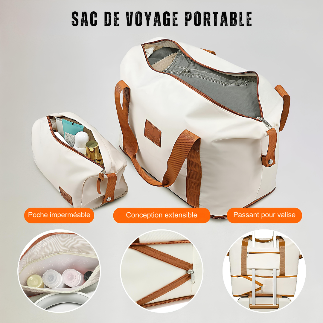 Sac de voyage crème avec détails camel, poche imperméable, design extensible et passant pour valise.