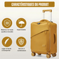 Valise souple jaune avec quatre icônes décrivant ses caractéristiques : matériau durable, imperméabilité, légèreté, et serrure à combinaison.