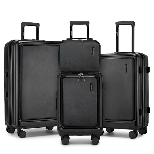Ensemble de quatre valises rigides de différentes tailles, en finition noire mate. Chaque valise est équipée de poignées télescopiques, de roues pivotantes à 360° et de fermetures éclair sécurisées. Le design sobre et sophistiqué met en avant une esthétique moderne et professionnelle.