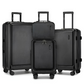 Ensemble de quatre valises rigides de différentes tailles, en finition noire mate. Chaque valise est équipée de poignées télescopiques, de roues pivotantes à 360° et de fermetures éclair sécurisées. Le design sobre et sophistiqué met en avant une esthétique moderne et professionnelle.