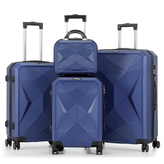 Set de quatre valises rigides de couleur bleu foncé avec motifs géométriques en relief. Chaque valise dispose de roues pivotantes, de poignées télescopiques et de coques résistantes aux chocs, combinant design moderne et robustesse.