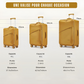 Trois valises jaunes avec dimensions, poids et capacités : 53 cm (41L), 64 cm (63L), 75 cm (98L).