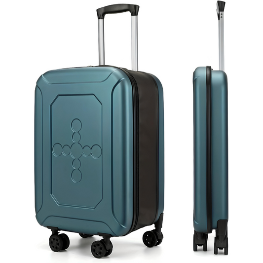 Valise rigide bleue à quatre roues, vue de face et de profil, avec poignée télescopique et design géométrique en relief sur la coque avant.