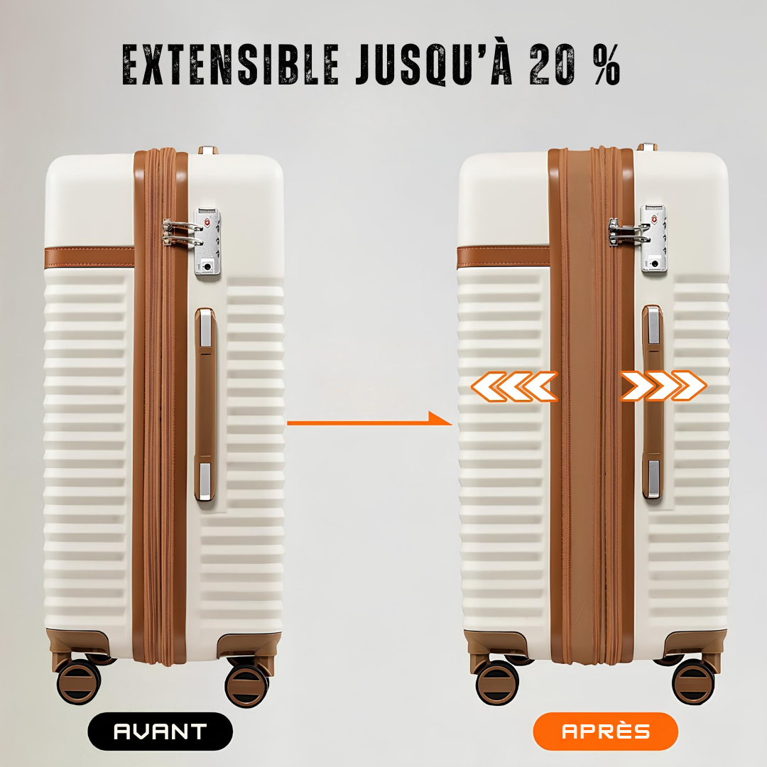 Valise crème et camel illustrée avant et après extension, avec indication d’un gain de 20 % de volume.