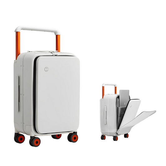 Valise innovante en aluminium avec finition blanche, poignée télescopique orange, roues multidirectionnelles rouges et compartiment avant dédié pour ordinateur portable, montrée en position fermée et ouverte.